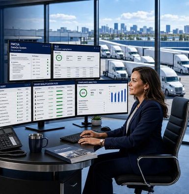 Safety manager reviewing FMCSA and driver qualification files